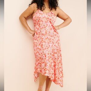 BHLDN Maria Asymmetrical Floral Satin Slip Midi Dress